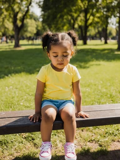 공원 벤치에 앉아 있는 3세 혼혈 여성의 반신 사진으로, 귀여운 외모를 가진 아이가 밝은 색상의 티셔츠와 반바지, 귀여운 운동화를 착용하고 있습니다. 졸린 표정을 지으며 눈을 반쯤 감고, 손은 무릎 위에 올려져 있습니다. 푸른 잔디와 나무들이 있는 따뜻한 햇살의 공원 배경이 함께 나타납니다.