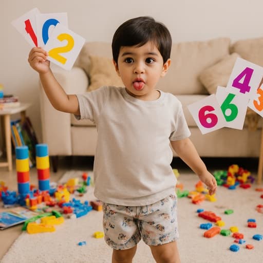 아늑한 거실에 있는 귀여운 3세 중동계 남자아이가 편안한 티셔츠와 반바지를 입고, 손에 숫자 카드를 들고 즐겁게 춤추며 배고픈 표정을 짓고 있습니다. 배경에는 장난감과 책들이 흩어져 있어 따뜻하고 초대하는 분위기를 만들어냅니다.