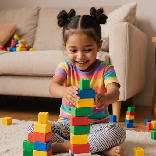 7세 혼혈 여아가 컬러풀한 티셔츠와 레깅스를 입고 아늑한 거실에서 블록을 쌓으며 즐거운 미소를 지으며 앉아 있습니다. 귀여운 두 개의 땋은 머리와 방의 따뜻한 분위기가 어우러져 매력적인 장면을 만들어냅니다.