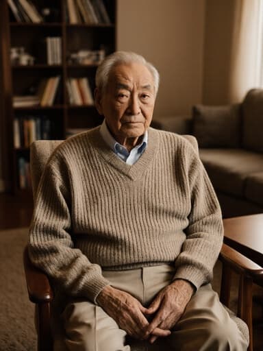 80대 아시아계 남성의 반신 샷으로, 자연스러운 외모를 지닌 그는 아늑한 거실에 앉아 있습니다. 편안한 니트 스웨터와 면 바지를 입고 있으며, 무릎 위에 손을 놓고 걱정스러운 표정을 짓고 있습니다. 배경에는 소파, 작은 테이블, 그리고 정돈된 책장이 있어 따뜻하고 아늑한 분위기를 만들어냅니다.
