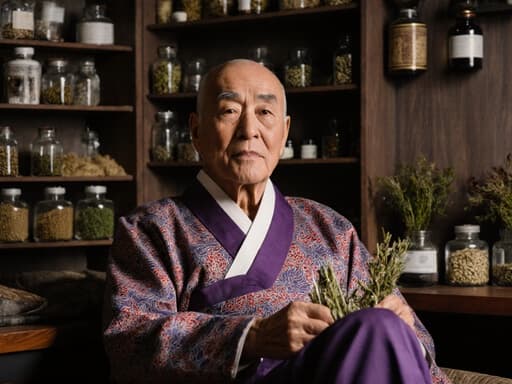 여유로운 표정을 지닌 60대 동양인 남성이 전통 한복을 입고 한약 조제실에 앉아 있는 반신 샷. 그는 손에 한약 재료를 들고 있으며, 따뜻하고 정돈된 배경 속에서 전통 한약의 본질을 잘 나타내고 있습니다.