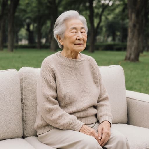 편안한 색상의 니트 스웨터와 면바지를 입은 80대 한국인 여성의 반신 촬영 이미지로, 소파에 앉아 눈을 감고 무릎에 손을 올린 채 명상하는 자세를 취하고 있으며, 주변에는 나무와 잔디가 있는 조용한 공원이 배경으로 있습니다.