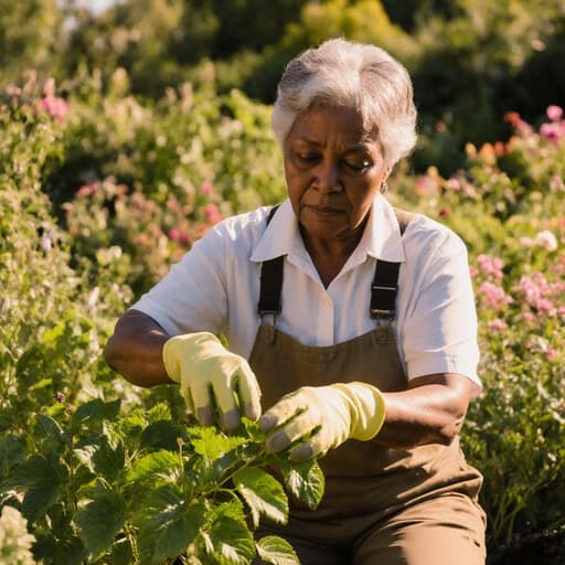 자연스러운 외모를 가진 60대 흑인 여성이 편안한 작업복과 장갑을 착용하고, 식물을 돌보며 집중하는 모습의 반신 촬영. 식물과 꽃으로 가득한 아름다운 정원에서 자연광이 비추는 장면으로, 그녀의 차가운 표정은 자연을 돌보는 헌신을 잘 보여줍니다.