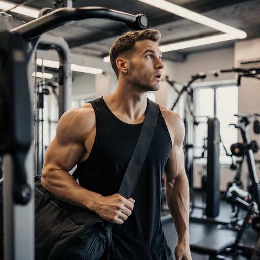 건강한 외모의 30대 유럽계 남성이 세련된 운동복과 운동화를 착용하고, 어깨에 스포츠 가방을 메고 체육관에 서 있습니다. 그는 운동 기구를 바라보며 놀란 표정을 짓고 있어 다가오는 운동 프로그램에 대한 기대감을 드러냅니다. 체육관은 밝게 조명되어 있으며 다양한 운동 기구가 배치되어 있어 에너제틱한 분위기를 만들어냅니다.