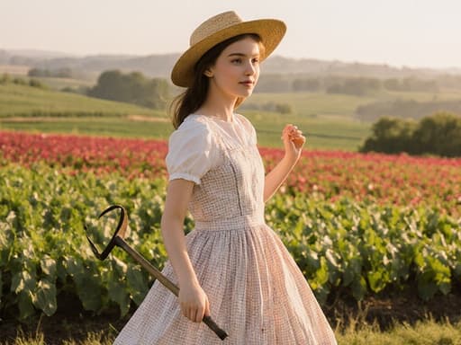 자신감 있는 유럽계 10대 초반 소녀가 귀여운 농부 스타일의 드레스와 밀짚모자를 쓰고 농업 도구를 들고 춤추듯이 움직이며 푸른 들판과 농작물이 있는 배경에서 생동감 넘치는 분위기를 연출합니다.