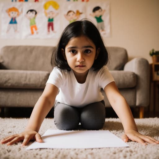 7세 중동계 여아의 반신 촬영으로, 아늑한 거실에서 찍혔습니다. 자연스러운 외모를 가진 그녀는 편안한 티셔츠와 레깅스를 입고 있습니다. 지루한 표정을 지으며 앞에 놓인 종이를 보면서 팔을 쭉 뻗고 있습니다. 벽에는 아이의 그림이 붙어 있어 따뜻하고 아늑한 분위기를 만들어냅니다.
