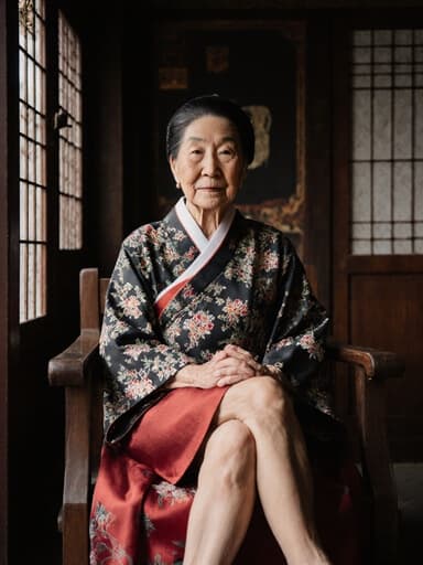 전통 한복을 입은 80세 아시아계 여성의 반신 샷. 아늑한 찻집에 앉아 다리를 뻗고 무릎 위에 손을 올려놓고 지혜로운 표정을 짓고 있으며, 따뜻하고 초대하는 분위기를 자아냅니다.