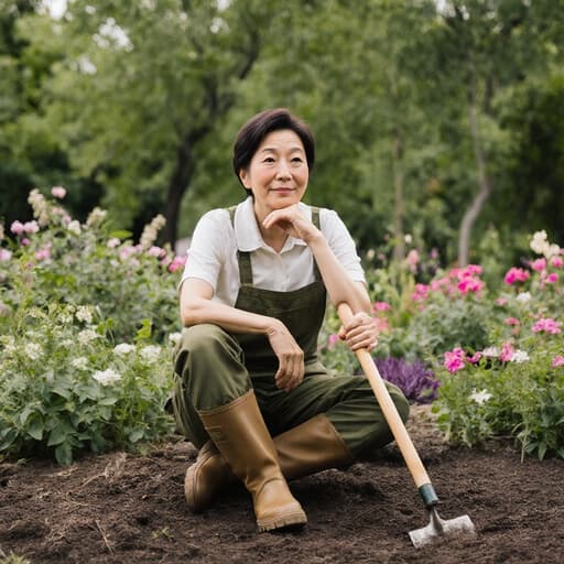 40대 동양인 여성이 편안한 정원 작업복과 장화를 입고 푸르른 정원에 앉아 정원 도구를 들고 턱을 괴고 고민하는 표정으로 주변의 나무와 꽃들 사이에서 자연광이 따뜻한 분위기를 만들어내고 있습니다.