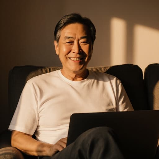 50대 아시아계 남성이 자연스러운 외모로 편안하게 노트북 앞에 앉아 크로스 레그 자세를 취하고 있으며, 편안한 티셔츠와 바지를 입고 긍정적인 표정으로 미소 짓고 있습니다. 아늑한 거실에서 따뜻한 조명이 비추고 있는 모습입니다.