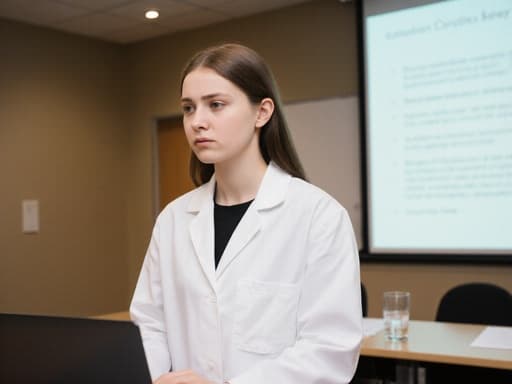 10대 초반의 백인 여성 연구자가 흰색 실험복을 입고 학술회의실에 서 있습니다. 그녀는 긴장한 표정으로 연구 결과를 발표할 준비를 하며, 세미나 테이블 위의 노트북을 집중해서 바라보고 있습니다. 배경에는 발표 화면이 있어 학문적인 분위기를 강조합니다.