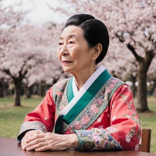 아름다운 벚꽃이 만개한 공원 배경에서 전통 한복을 입고 외로움과 그리움을 표현하는 80대 한국인 여성의 감성적인 초상입니다.
