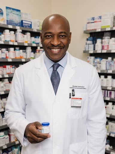 50대 흑인 남성이 자연스러운 매력을 가진 모습으로 전문적인 의사 가운을 입고 이름 배지를 달고 있습니다. 약국 조제대 앞에 서서 약병을 손에 들고 자신감 넘치는 미소를 지으며 친근한 인상을 주고 있습니다. 배경은 다양한 약품들이 진열된 약국 내부로, 전문적이고 매력적인 분위기를 연출합니다.