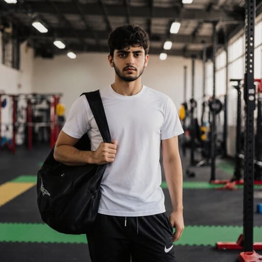 훈련 시설에 서 있는 중동계 소년이 스포츠 복장을 입고 피곤한 표정을 짓고 있으며, 그의 노력과 헌신을 반영합니다. 그는 어깨에 운동 가방을 메고 있고, 운동 기구로 가득한 배경이 그의 훈련 주제를 강조합니다.