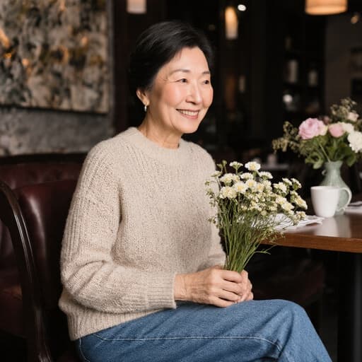 60대 자연스러운 외모의 아시아계 여성이 아늑한 카페 내부에서 편안하게 앉아 있는 반신 촬영입니다. 그녀는 편안한 니트 스웨터와 청바지를 입고 있으며, 따뜻하고 매력적인 분위기를 풍깁니다. 여자는 꽃다발을 손에 들고 부드럽게 바라보며 미소를 짓고 있습니다. 배경에는 다양한 꽃이 잘 배열된 테이블이 있어 카페의 아늑한 분위기를 더욱 강조합니다. 부드럽고 자연스러운 조명이 어우러져 그녀의 기쁜 표정과 아름다운 꽃다발에 시선을 끌어당기는 평화로운 기분을 만들어냅니다.
