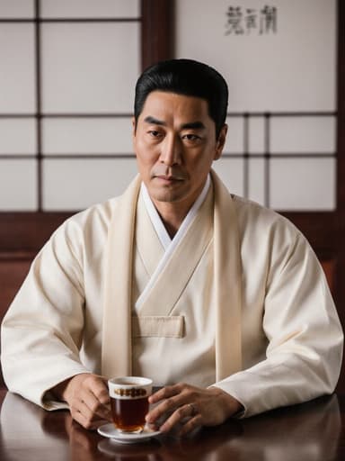50대 흑인 남성이 전통 한복과 부드러운 색상의 스카프를 입고, 현대적인 한의원 대기실에서 우아한 표정으로 차를 들고 있는 반신 촬영.