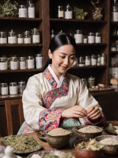 20대 동양인 여성의 반신 사진으로, 밝은 색상의 전통 한복을 입고 자연스러운 미소를 짓고 있지만 약간 고민하는 표정을 지으며 한약 재료를 살펴보고 있는 모습이 담겨 있습니다. 배경은 다양한 한약재와 도구들이 정리된 한약 조제실입니다.