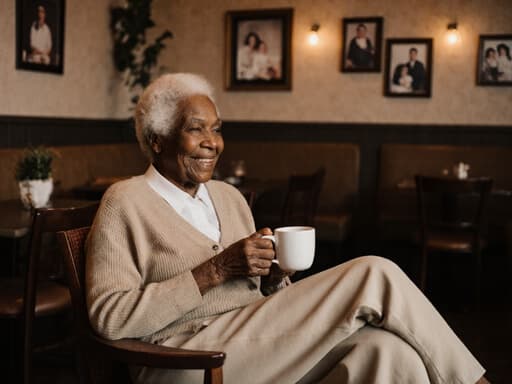80대 아프리카계 여성의 반신 촬영으로, 자연스러운 외모를 가지고 있으며 편안한 카디건과 면바지를 착용하고 있습니다. 그녀는 다리를 뻗고 앉아 있으며, 손에 커피 잔을 들고 지혜롭고 행복한 표정을 짓고 있습니다. 배경은 아늑한 카페 내부로, 따뜻한 조명과 가족 사진들이 벽에 걸려 있어 초대하는 분위기를 만듭니다.
