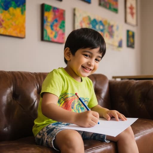 밝은 색상의 티셔츠와 편안한 반바지를 입은 귀여운 3세 중동계 남자아이가 아늑한 카페의 소파에 앉아 미소를 지으며 색연필로 그림을 그리고 있는 반신 촬영입니다. 카페의 벽에는 다양한 그림들이 걸려 있어 창의적인 분위기를 더욱 살리고 있습니다.
