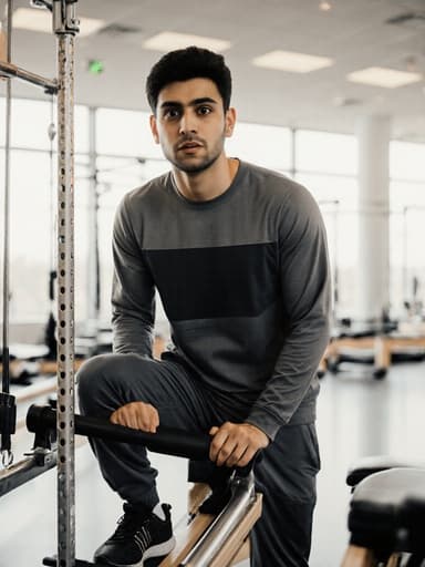 밝고 현대적인 필라테스 스튜디오에서 운동 중인 10대 후반의 중동계 남성의 반신 사진. 그는 운동복과 운동화를 착용하고 있으며, 필라테스 기구에 기대어 약간의 당황한 표정을 지으며 운동에 집중하고 있는 모습입니다.