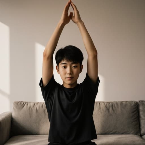 이 이미지는 편안한 운동복을 입고 스트레칭 자세를 취하고 있는 10대 초반의 동양인 남성을 보여줍니다. 그는 안정감을 나타내는 평온한 표정을 짓고 있으며, 부드러운 조명과 아늑한 가구가 배치된 거실 배경 속에서 차분한 분위기를 자아냅니다.