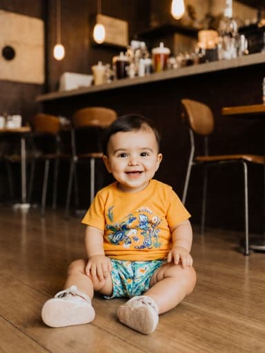 아늑한 카페 바닥에 앉아 밝은 색상의 귀여운 티셔츠와 반바지를 입고 아기용 신발을 신으려는 귀여운 1세 중동계 남자 아기의 전신 사진. 아기는 행복하게 웃고 있으며, 주변에는 테이블과 의자, 다양한 음료가 놓여 있어 따뜻하고 아늑한 분위기를 연출하고 있습니다.