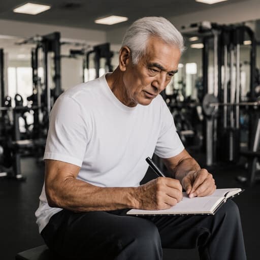 60대 혼혈 남성이 운동복을 입고 노트에 집중하며 글을 쓰고 있는 모습이 반신 촬영으로 포착되었습니다. 그의 표정은 헌신과 집중을 나타내며, 다양한 운동 기구가 배치된 헬스장 환경에서 활동적이고 건강한 라이프스타일을 구현합니다.