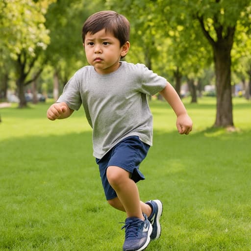 혼혈 3세 남자아이가 편안한 티셔츠와 반바지를 입고 운동화를 신은 모습으로, 반신 샷으로 포착되었습니다. 그는 지루한 표정을 지으며 입술을 굳게 다물고 식사를 하려고 하면서 달리는 자세를 취하고 있습니다. 배경은 나무와 잔디로 가득한 푸르른 공원을 보여주며, 장면의 유쾌한 분위기를 강조합니다.