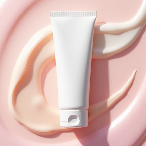 핸드크림, 부드러운 질감, 미묘한 곡선을 가진 우아한 흰색 튜브, 추상적인 다채로운 소용돌이 가운데 중앙에 배치, 고요하고 예술적인 분위기.