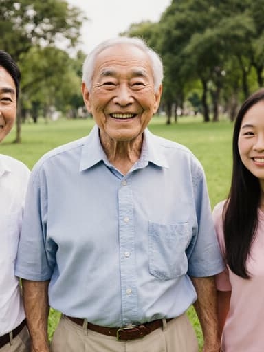 80대 아시아계 남성이 편안한 옷을 입고 가족과 함께 서 있으며 고마운 표정을 지으며 미소를 짓고 있는 전체 신체 샷, 푸른 잔디와 나무가 있는 공원에서의 기쁨과 연결의 순간을 포착합니다.