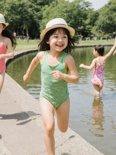 7세 한국인 여성의 전신 사진으로, 순수하고 사랑스러운 외모를 지니고 있으며, 밝은 색상의 수영복과 모자를 착용하고 있습니다. 그녀는 푸르른 공원에 있는 작은 연못가에서 친구들과 즐겁게 달리며 순수한 미소를 짓고 있습니다. 이 장면은 생동감 넘치고 활기차며, 그림 같은 야외 환경에서 어린 시절의 자유로운 정신을 잘 보여줍니다.