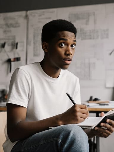 10대 초반의 흑인 남성이 편안한 티셔츠와 청바지를 입고 반신 촬영된 모습입니다. 그는 놀란 표정을 지으며 눈을 크게 뜨고, 다양한 건축 도면과 도구들로 가득한 현대적인 설계실에서 노트를 작성하는 데 집중하고 있습니다. 창의성과 집중의 분위기를 자아냅니다.