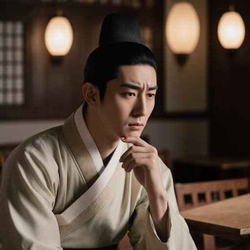 20대 아시아계 남성이 전통 한복을 입고 아늑한 한의원 대기실에 앉아 있습니다. 그의 걱정스러운 표정은 상담을 기다리는 긴장감을 드러내며, 손으로 턱을 괴고 다리를 뻗고 있습니다. 따뜻한 나무 가구와 부드러운 조명이 전통적인 분위기를 더해줍니다.