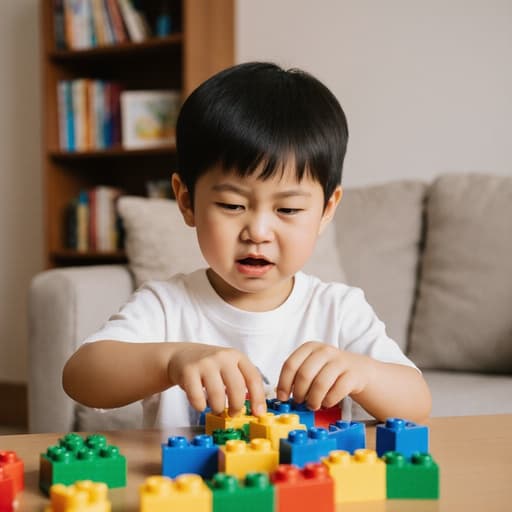 귀여운 외모와 발랄한 표정을 지닌 3세 동양인 남자아이가 약간 찡그린 얼굴로 배고픈 표정을 지으며, 편안한 티셔츠와 반바지를 입고 테이블 위의 레고 조각을 조심스럽게 조립하고 있는 반신샷입니다. 따뜻한 분위기의 소파와 책장이 있는 아늑한 거실에서 촬영되어, 아이의 놀이에 대한 호기심과 창의성을 강조하는 매력적인 이미지를 연출합니다.