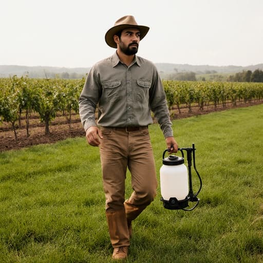 30대의 건강한 라틴계 남성이 편안한 농업 작업용 의상을 입고 농약 분무기를 들고 차분하게 걸어가는 모습, 배경에는 푸르른 농장과 농작물이 보입니다.