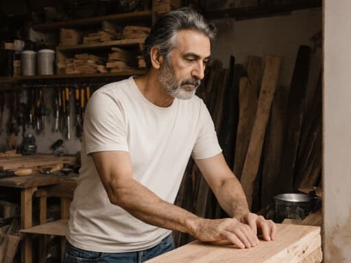 40대 중동계 남성이 편안한 티셔츠와 청바지를 입고 아늑한 작업실에서 목재를 손으로 만지며 집중하고 있는 모습입니다. 자연스러운 외모와 세련된 표정을 지으며 다양한 목공 도구들로 둘러싸여 있습니다. 따뜻한 조명이 아늑한 분위기를 만들어 주며 그의 작업에 대한 집중을 강조합니다.