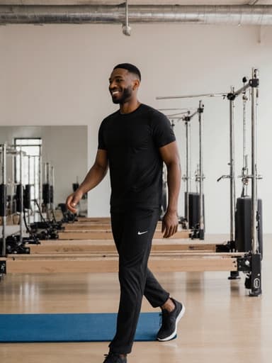 30대 혼혈 남성이 편안한 필라테스 강사 의상을 입고, 밝은 미소를 지으며 필라테스 매트를 향해 걷고 있는 전신 사진. 다양한 기구들이 배치된 깨끗하고 현대적인 필라테스 센터 내부에서 긍정적인 에너지를 발산하고 있습니다.