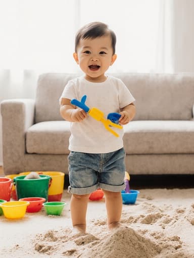 밝고 아늑한 거실에서 모래놀이 도구를 들고 활발하고 즐거운 표정을 짓고 있는 귀여운 1세 남성 동양인의 전신 사진. 바닥에는 모래놀이 세트가 펼쳐져 있어 장난감과의 상호작용을 강조하는 장난기 가득한 분위기를 자아냅니다. 편안한 티셔츠와 반바지를 입고 있는 모습은 트렌디하면서도 편안한 스타일을 보여줍니다. 따뜻한 조명이 전체적인 분위기를 즐겁고 초대하는 느낌으로 만들어줍니다.