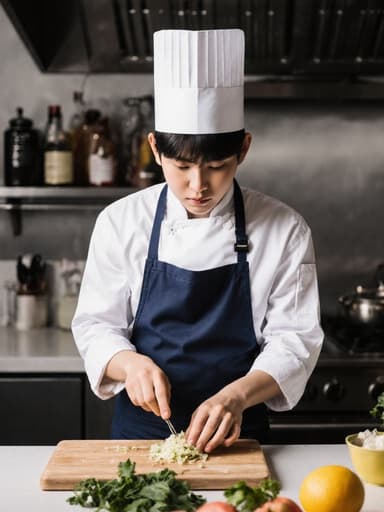 10대 초반의 한국인 남성이 셰프 복장과 모자, 앞치마를 착용하고 조리대에서 재료를 준비하는 모습입니다. 무표정인 그는 밝은 주방 환경 속에서 요리의 테마를 강조하며 영감을 주는 분위기를 만들어냅니다.