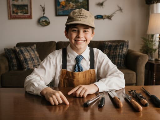 전통 어업 작업복을 입은 한 백인 소년이 회의실 테이블에 앉아 밝게 웃으며 어업 도구를 가리키고 있습니다. 아늑한 거실 배경은 어업 테마의 장식으로 꾸며져 있어 그의 어업에 대한 열정과 함께 즐거운 분위기를 자아냅니다.