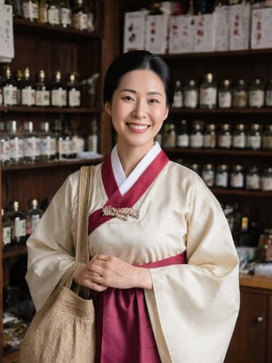 40대의 라틴계 여성이 전통 한복을 입고 긍정적인 미소를 지으며 한약 연구를 위한 가방을 들고 있는 반신 사진. 한약재로 잘 정리된 전통 한의원 내부에서 촬영되었습니다.