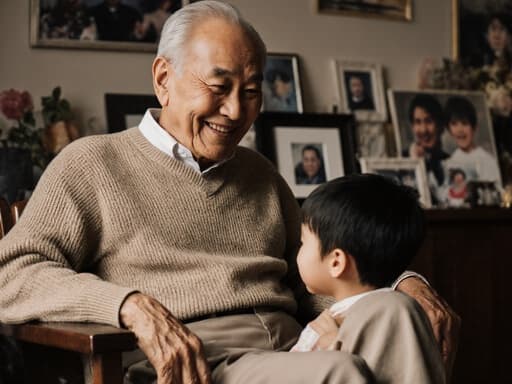 친근한 70대 동양인 남성이 편안한 니트 스웨터와 슬랙스를 입고 아늑한 거실에 앉아 손자와 소중한 순간을 즐기며 환한 미소와 부드러운 손 제스처를 보이는 반신 사진, 가족 사진과 따뜻한 장식으로 둘러싸여 있습니다.