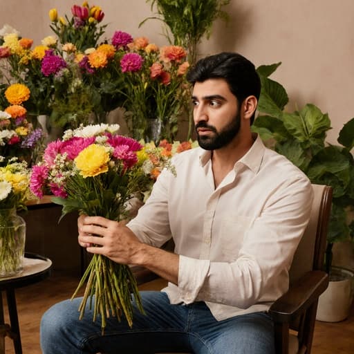 30대의 중동계 남성이 자연스러운 외모를 지닌 채 캐주얼한 셔츠와 청바지를 입고 의자에 앉아 놀란 표정을 지으며 아늑한 거실에서 다양한 꽃과 식물들로 둘러싸인 모습의 반신 사진.