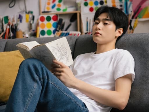 10대 초반의 동양인 남성이 캐주얼한 티셔츠와 청바지를 입고 소파에 기대어 앉아 있는 반신 사진입니다. 그는 디자인 스케치북을 들고 있으며, 집중력이 떨어진 피곤한 표정을 짓고 있습니다. 다양한 디자인 도구와 색상 팔레트로 가득한 디자인 스튜디오가 배경을 이루며, 창의적인 주제를 잘 강조하고 있습니다.