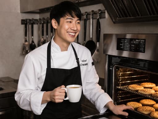 젊은 아시아계 남성 요리사가 흰색 요리사 복과 검은색 앞치마를 입고 오븐 옆에 서서 커피를 마시며 행복하게 미소짓고 있습니다. 주방 배경에는 다양한 조리 도구들이 벽에 걸려 있어 생동감 있고 따뜻한 분위기를 연출합니다.