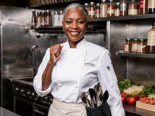 50대의 아프리카계 여성 요리사가 전문적인 요리복인 흰색 조리복과 앞치마를 착용하고 있는 반신 촬영입니다. 그녀는 고급 레스토랑의 주방에서 요리 도구가 담긴 가방을 어깨에 메고 편안하고 자신감 있는 표정을 짓고 있습니다. 숙련된 요리 예술가의 본질을 나타내며, 훌륭한 요리를 만들 준비가 되어 있습니다.