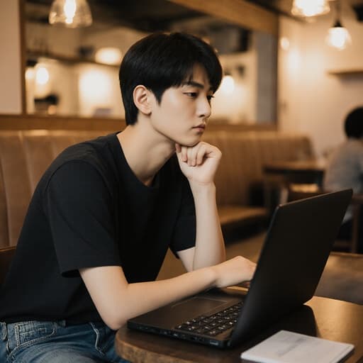 10대 초반의 한국인 남성이 편안한 티셔츠와 청바지를 입고 아늑한 카페에 앉아 있습니다. 차분한 표정으로 테이블 위에 놓인 노트북을 바라보며 조용히 생각에 잠겨 있는 모습이 따뜻한 조명 속에서 평화로운 분위기를 자아냅니다.