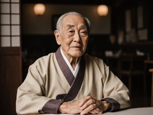 이 이미지는 전통 한복을 입고 있는 70대의 만족스러운 동양인 남성의 반신 사진을 보여줍니다. 그는 카페 테이블에 손을 얹고 편안하게 앉아 있으며, 자연스럽고 따뜻한 미소를 짓고 있습니다. 전통 음악이 흐르는 아늑한 카페 배경이 초대하는 분위기를 더하며, 모델의 복장과 표정과 완벽하게 조화를 이루고 있습니다.