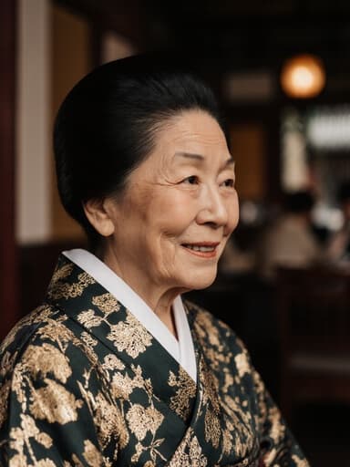 70대 혼혈 여성의 반신 사진으로, 고급스러운 패턴의 전통 한복을 입고 있습니다. 피곤한 표정이지만 따뜻한 미소를 짓고 있으며, 고풍스러운 장식이 있는 전통 카페 내부를 바라보며 인사하는 자세를 취하고 있습니다.