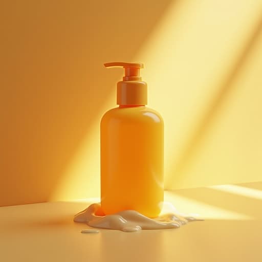 부드러운 병에 담긴 자외선 차단제가 황금빛 노을 속에서 따뜻한 빛을 받고 있는 모습.