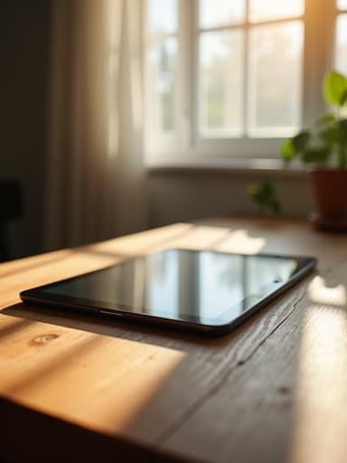 나무 테이블 위에 있는 태블릿, 창문을 통해 비치는 아침 햇살로 조용하고 차분한 분위기를 연출합니다.